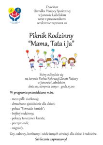 Plakat promujący Piknik Rodzinny "Mama, Tata i Ja" 2019